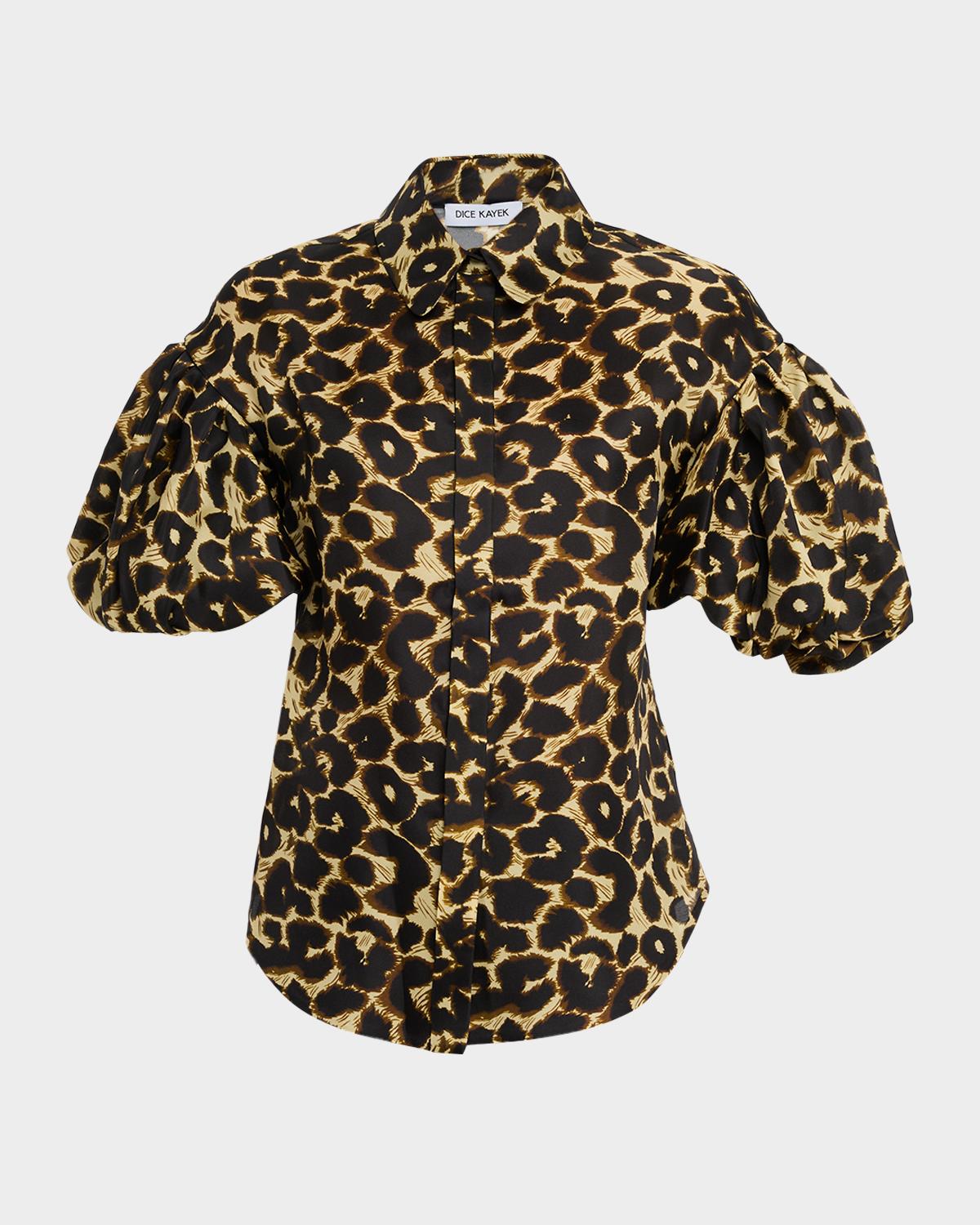Dice Kayek Leopard-Print Puff-Sleeve Button-Down Shirt
