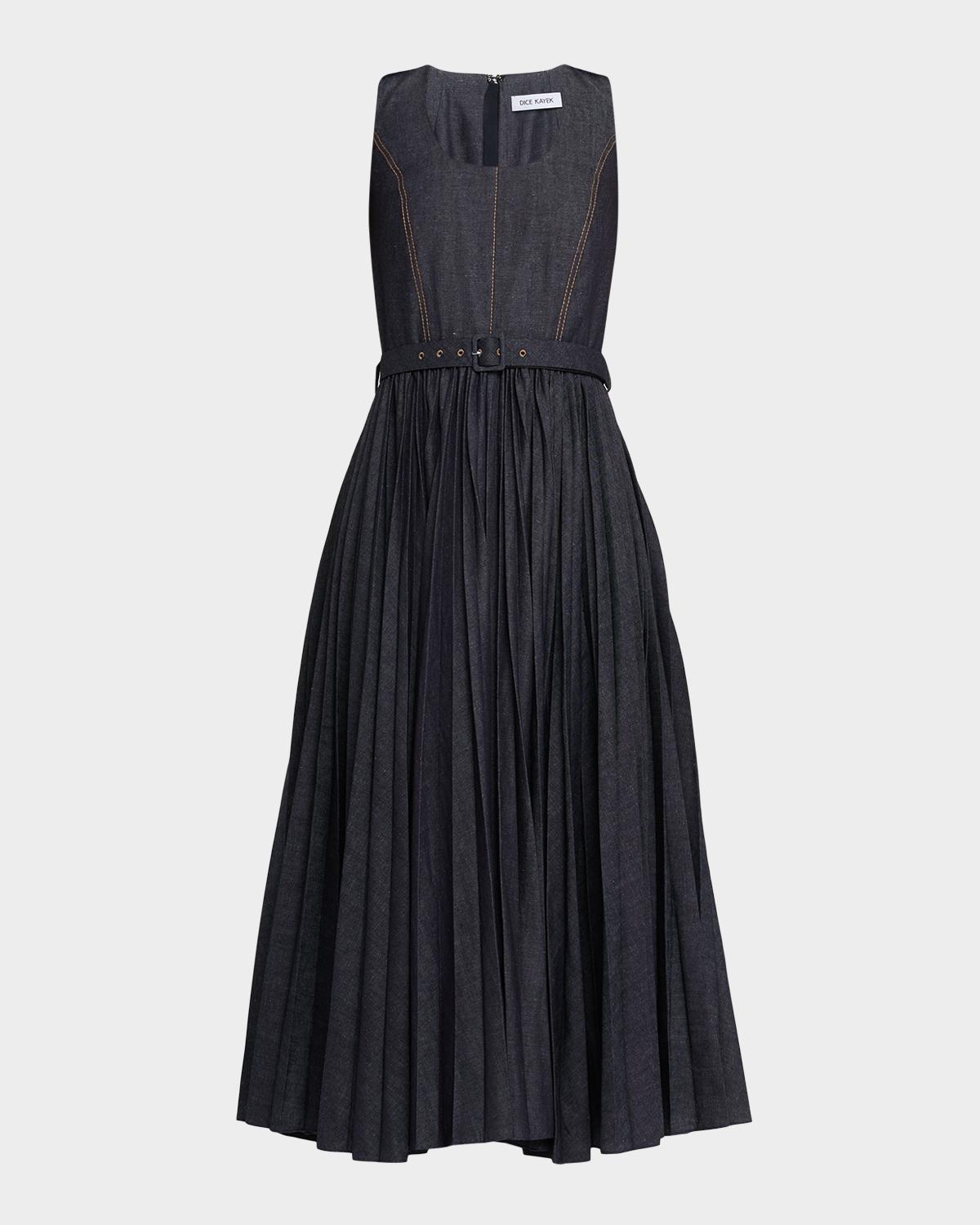 Dice Kayek Sleeveless Pleated Denim Midi Dress With Belt