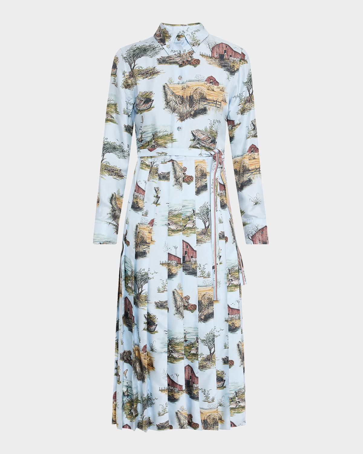 Thom Browne Scenic Toile Silk Twill Pleated Midi Shirtdress With Belt