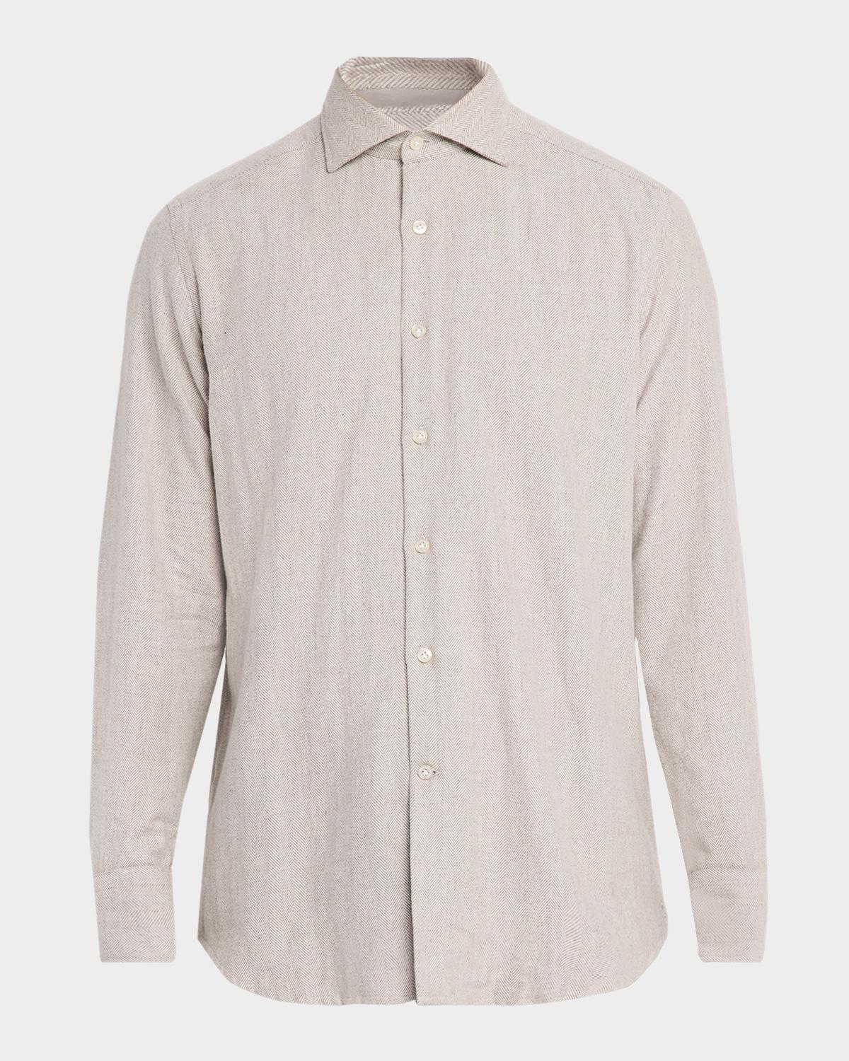 Neiman Marcus Men's Herringbone Cotton Flannel Button-Down Shirt