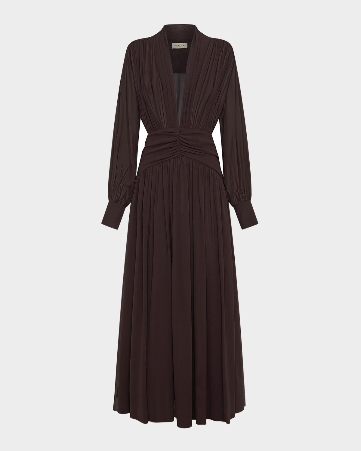 NICHOLAS Jocelyn Ruched Deep V-Neck Gown