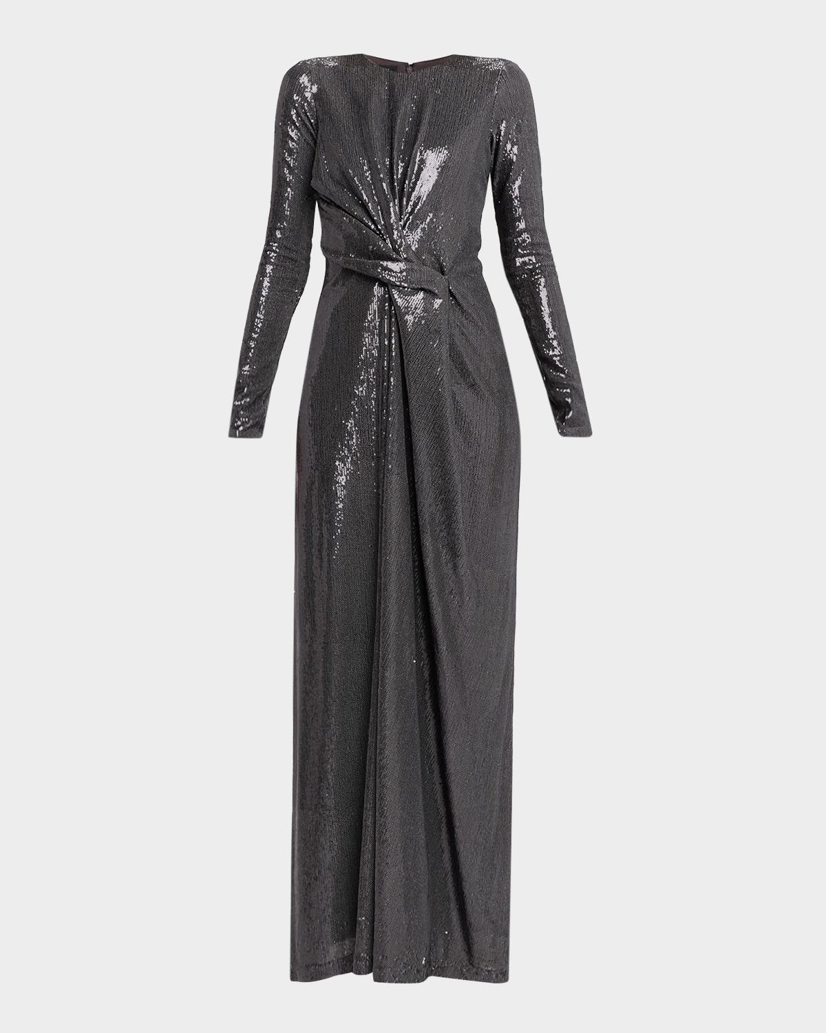 Kate Barton Long-Sleeve Draped Sequin Gown