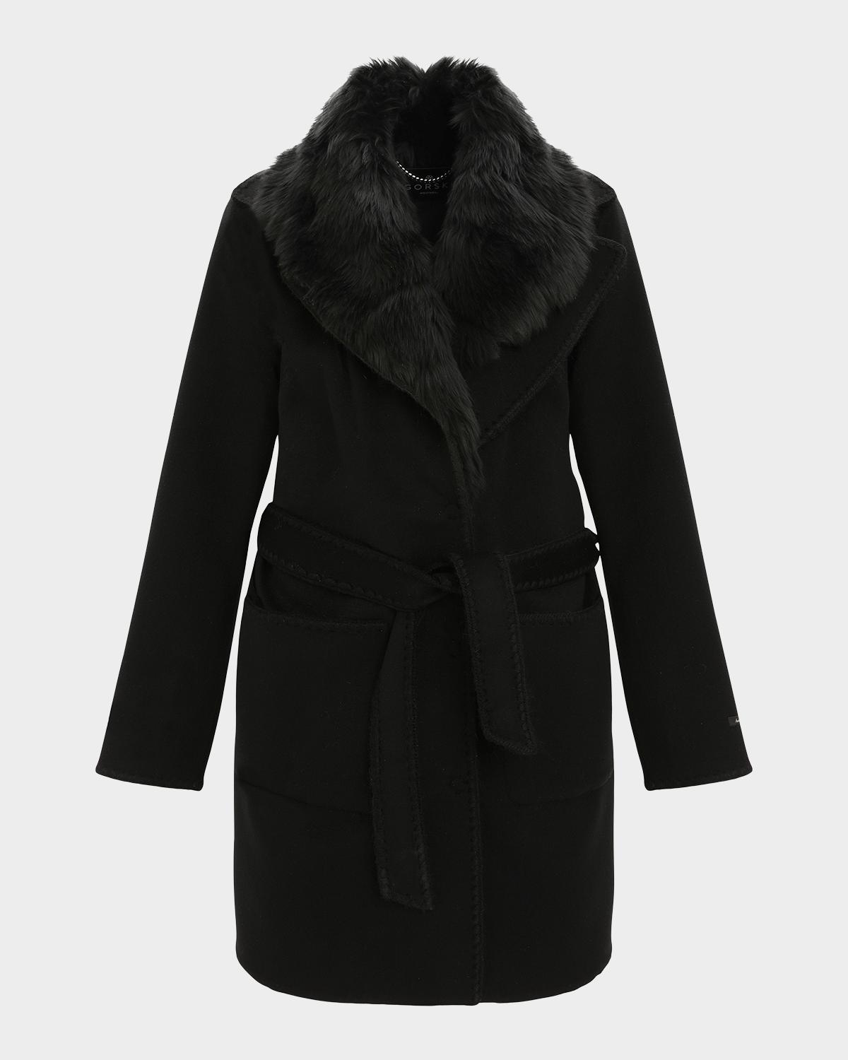 Gorski Belted Cashmere-Wool Stroller with Detachable Merinillo Lamb Shearling Collar