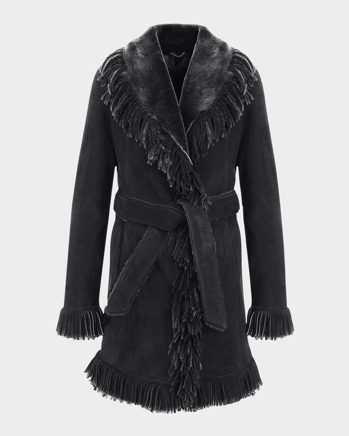 Gorski Merino Shearling Lamb Belted Stroller With Fringes