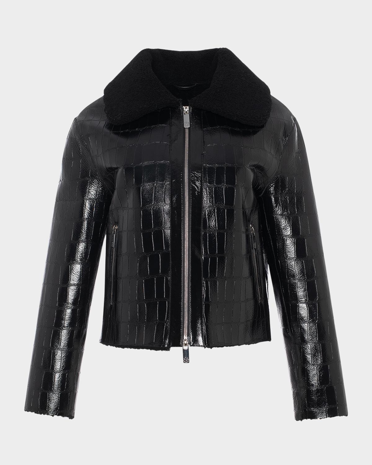 Gorski Shearling Lamb Croco Embossed Zip Jacket