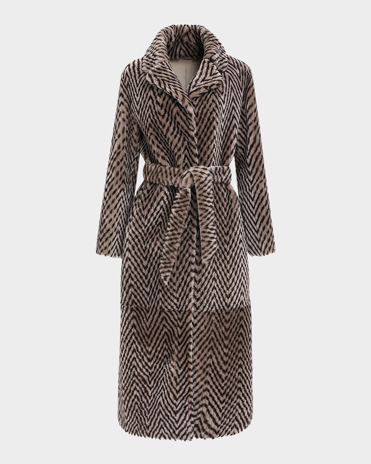 Gorski Reversible Chevron-Print Grooved Shearling Lamb Coat With Belt