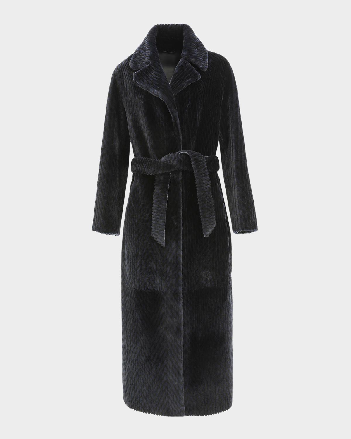 Gorski Reversible Chevron-Print Grooved Shearling Lamb Coat With Belt