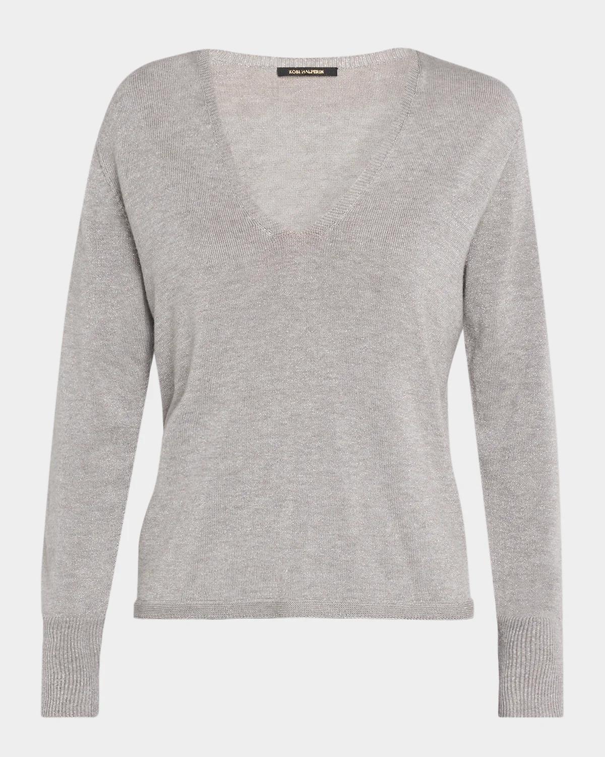 Kobi Halperin Vinny V-Neck Shimmer Knit Sweater