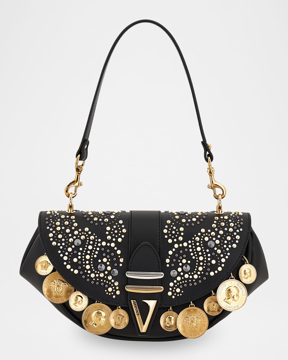 Versace Virtus Medium Coin-Embellished Leather Shoulder Bag