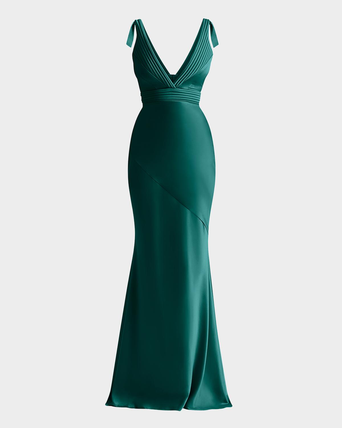 ZHIVAGO Beloved Deep V-Neck Stretch Satin Gown