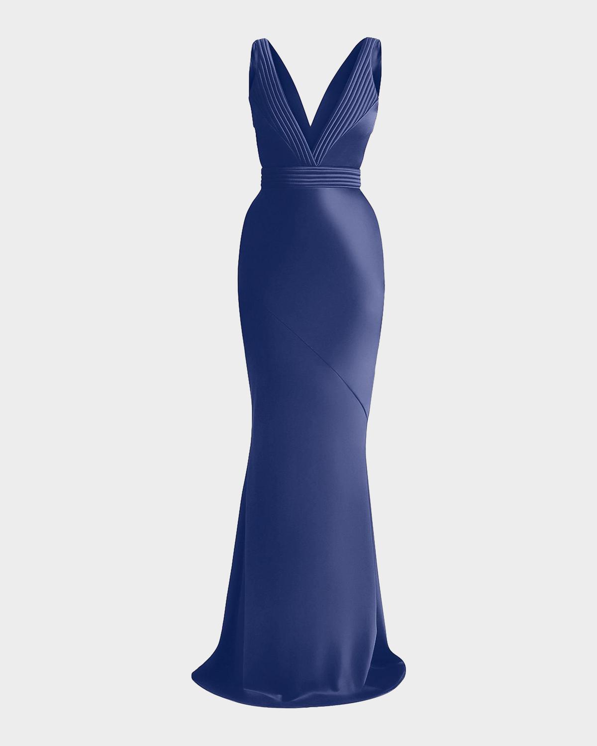 ZHIVAGO Beloved Deep V-Neck Stretch Satin Gown