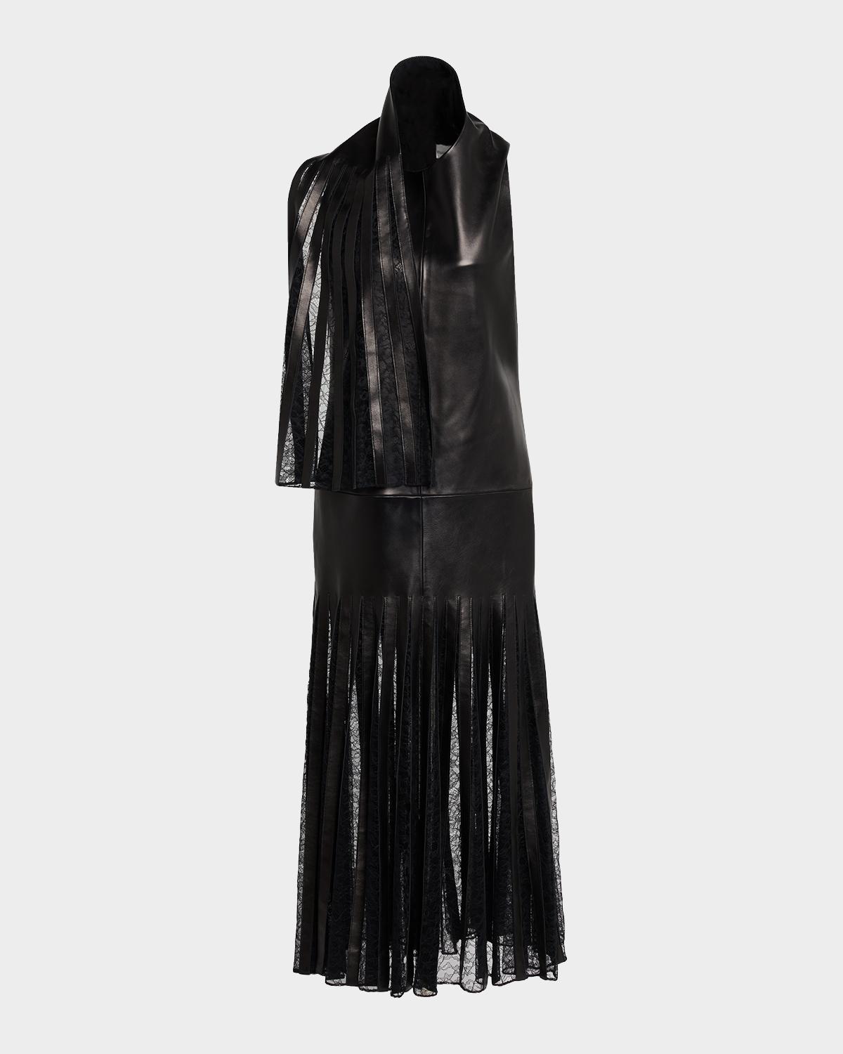 Brandon Maxwell The Blythe Lace-Inset Scarf-Neck Leather Maxi Dress