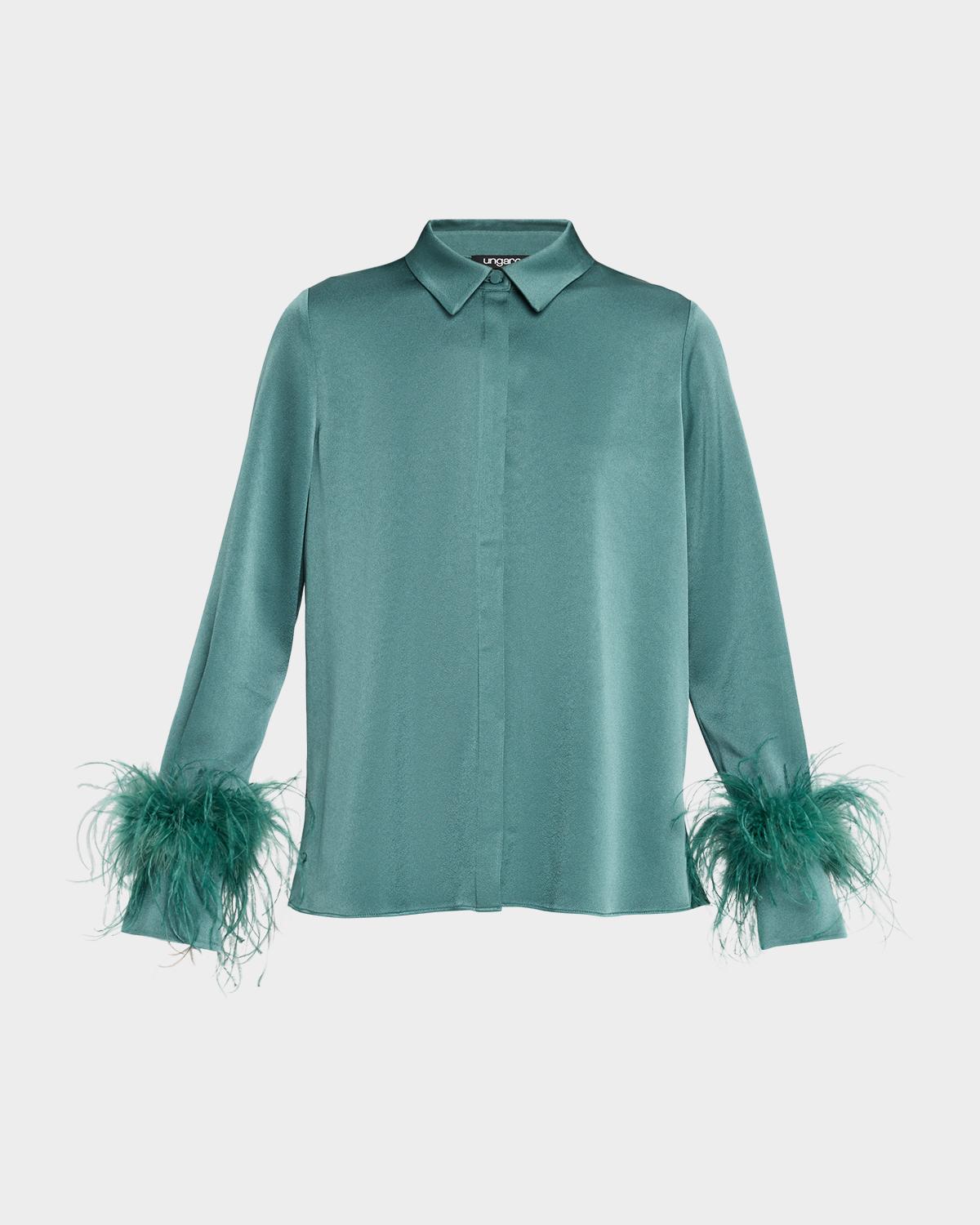 Ungaro Luna Feather-Cuff Satin Blouse