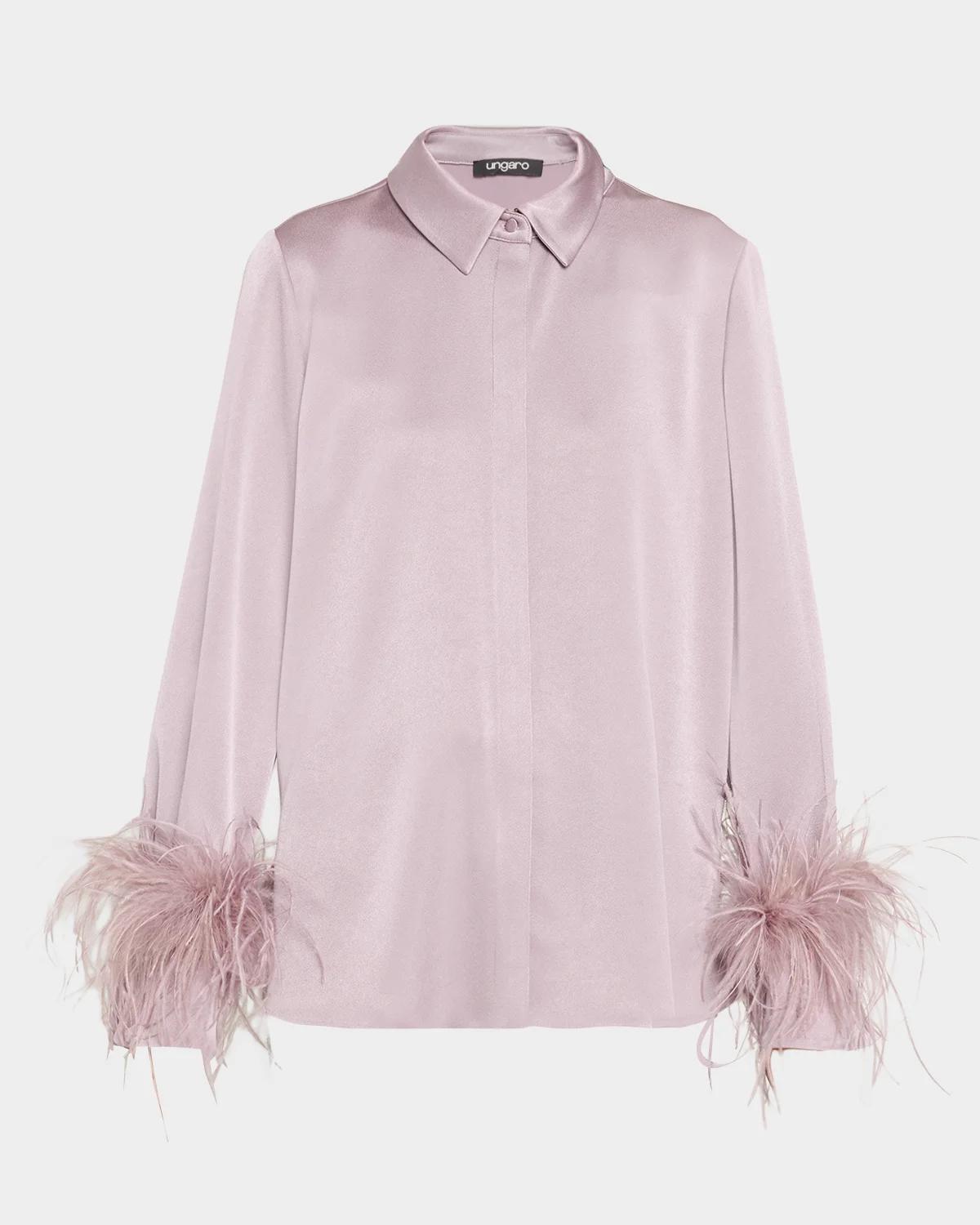 Ungaro Luna Feather-Cuff Satin Blouse