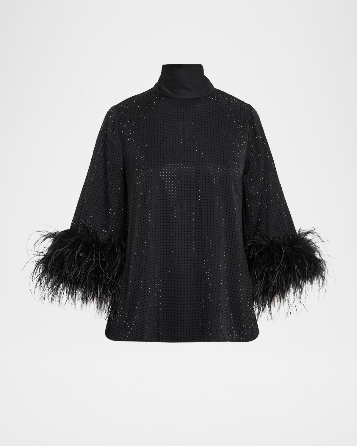 Ungaro Claire Strass Feather-Cuff Turtleneck Blouse