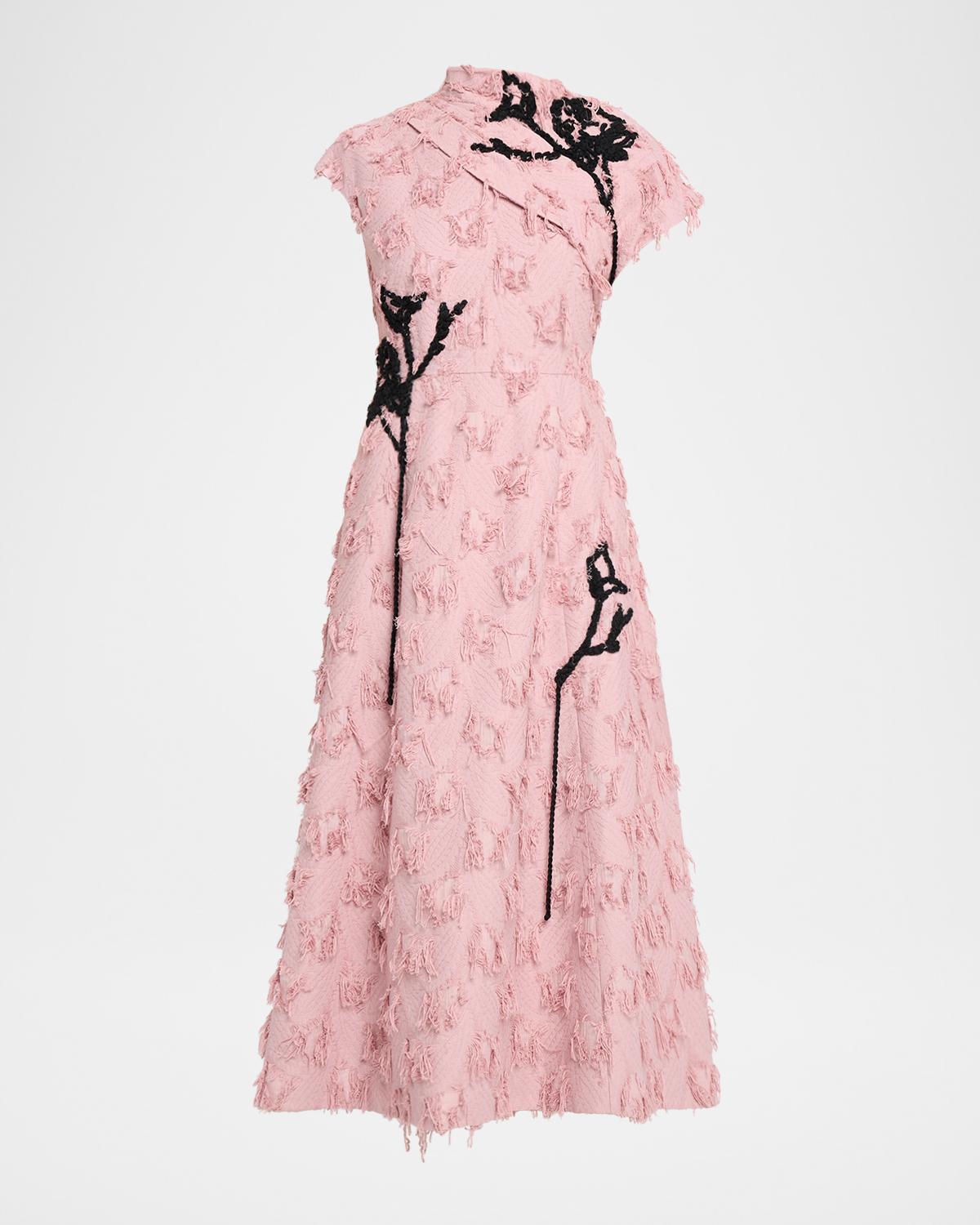 Erdem Asymmetric Short-Sleeve Fringed Fil Coupe Midi Dress