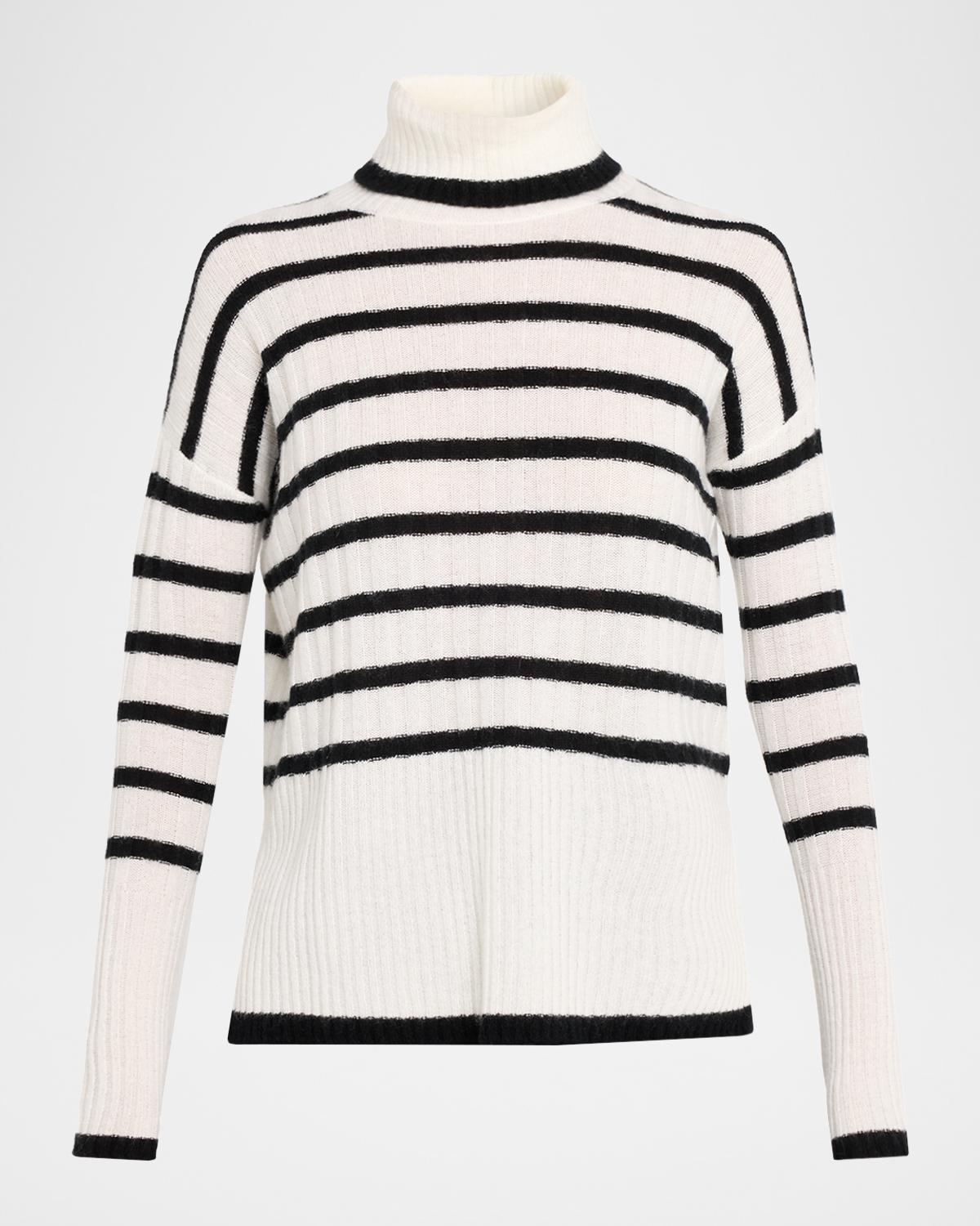Neiman Marcus Cashmere Collection Cashmere Striped Rib Knit Turtleneck