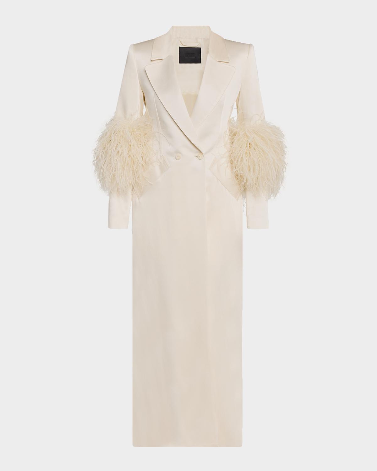 LAPOINTE Feather-Trim Satin Double Breasted Long Coat