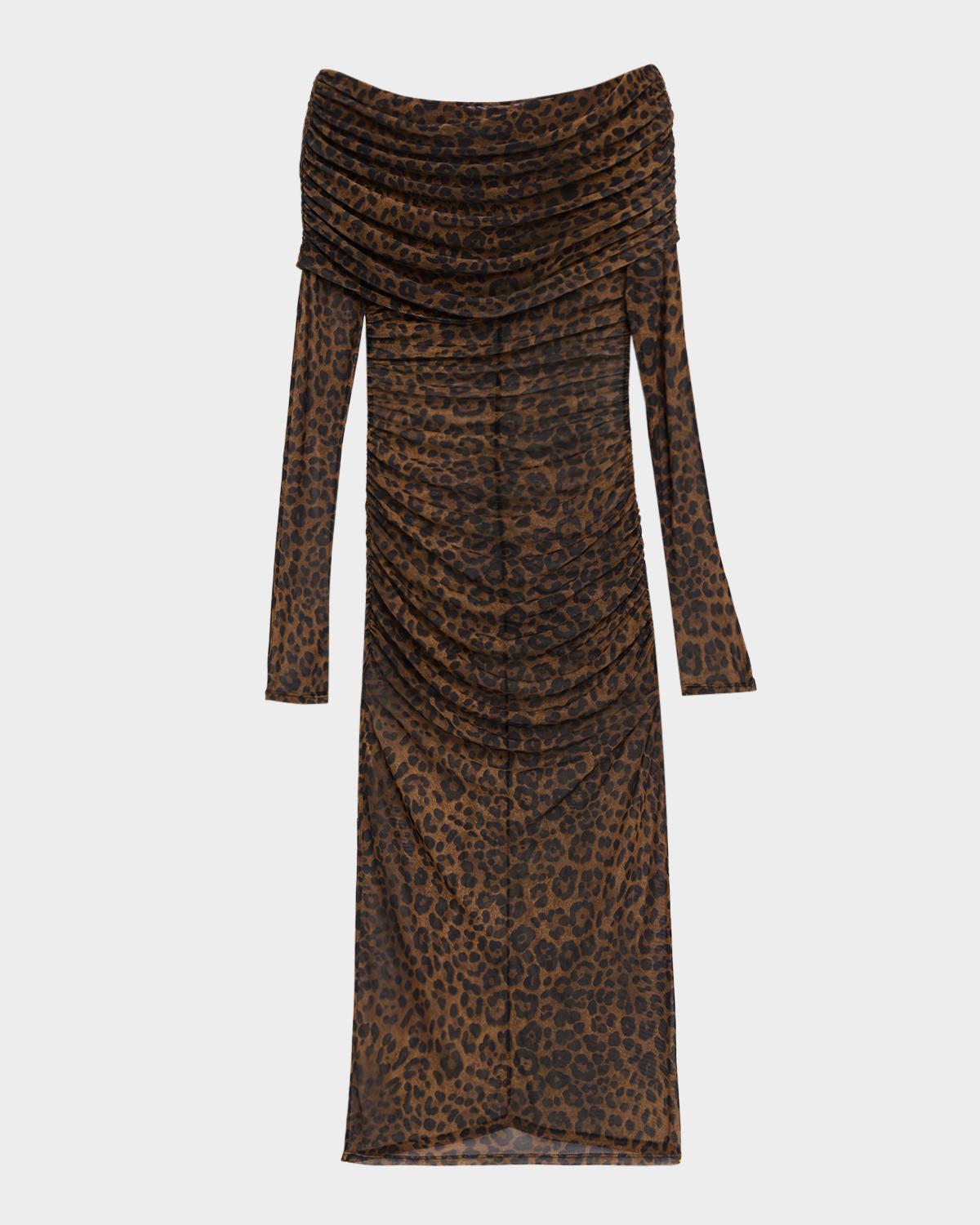 LAPOINTE Bodycon Leopard-Print Mesh Midi Dress
