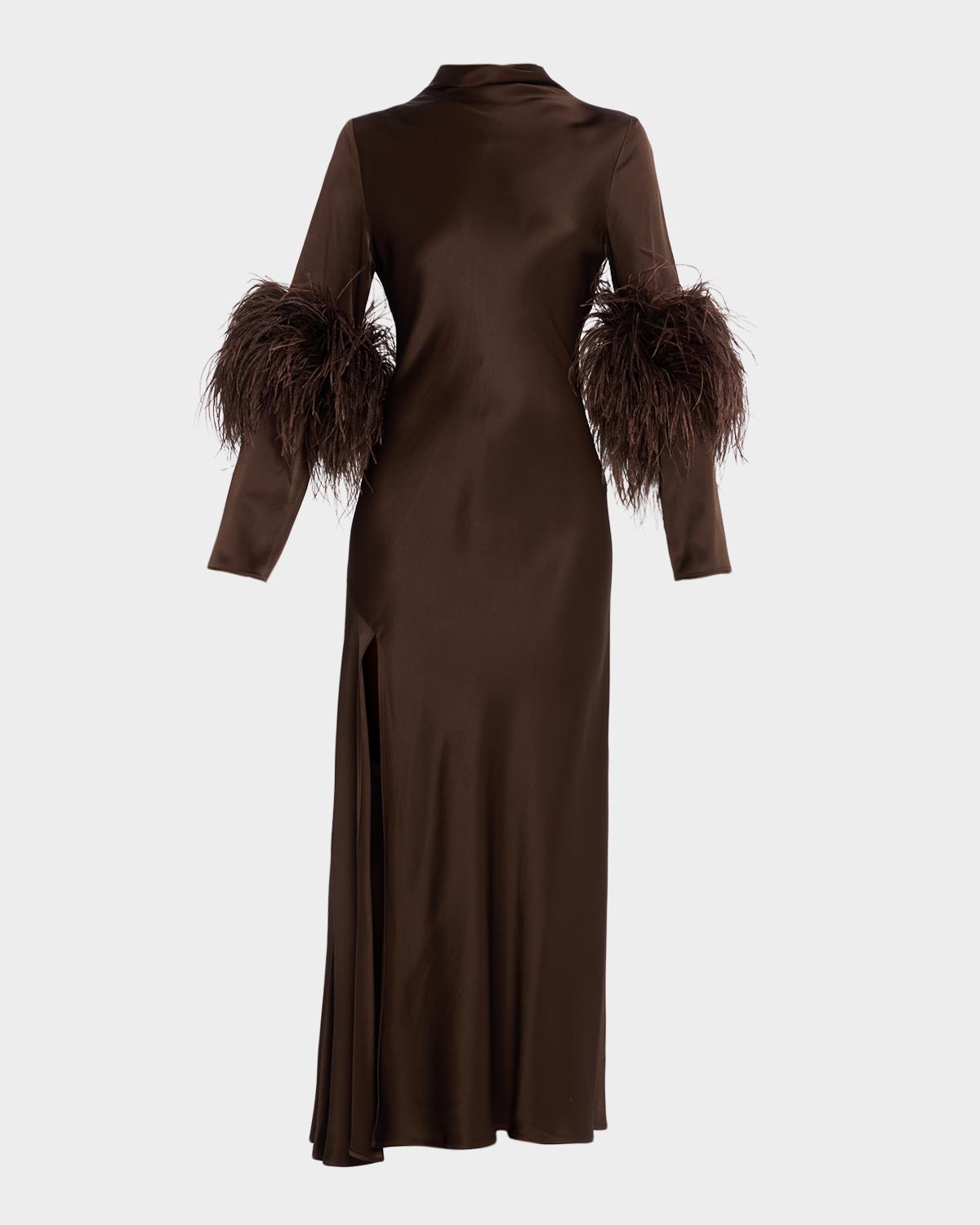 LAPOINTE Feather-Trim Satin Maxi Dress