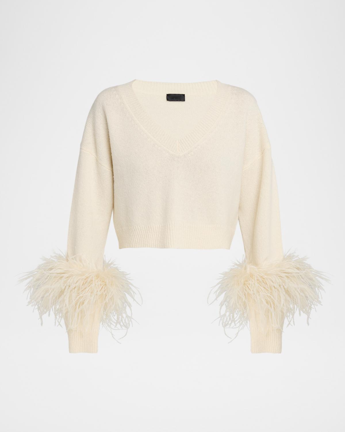 LAPOINTE Feather-Trim Cashmere Crop Sweater