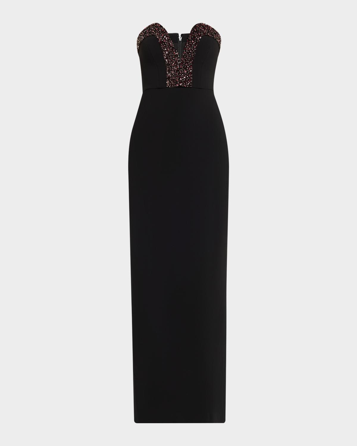 Halston Ila Bead-Trim Plunging Column Gown