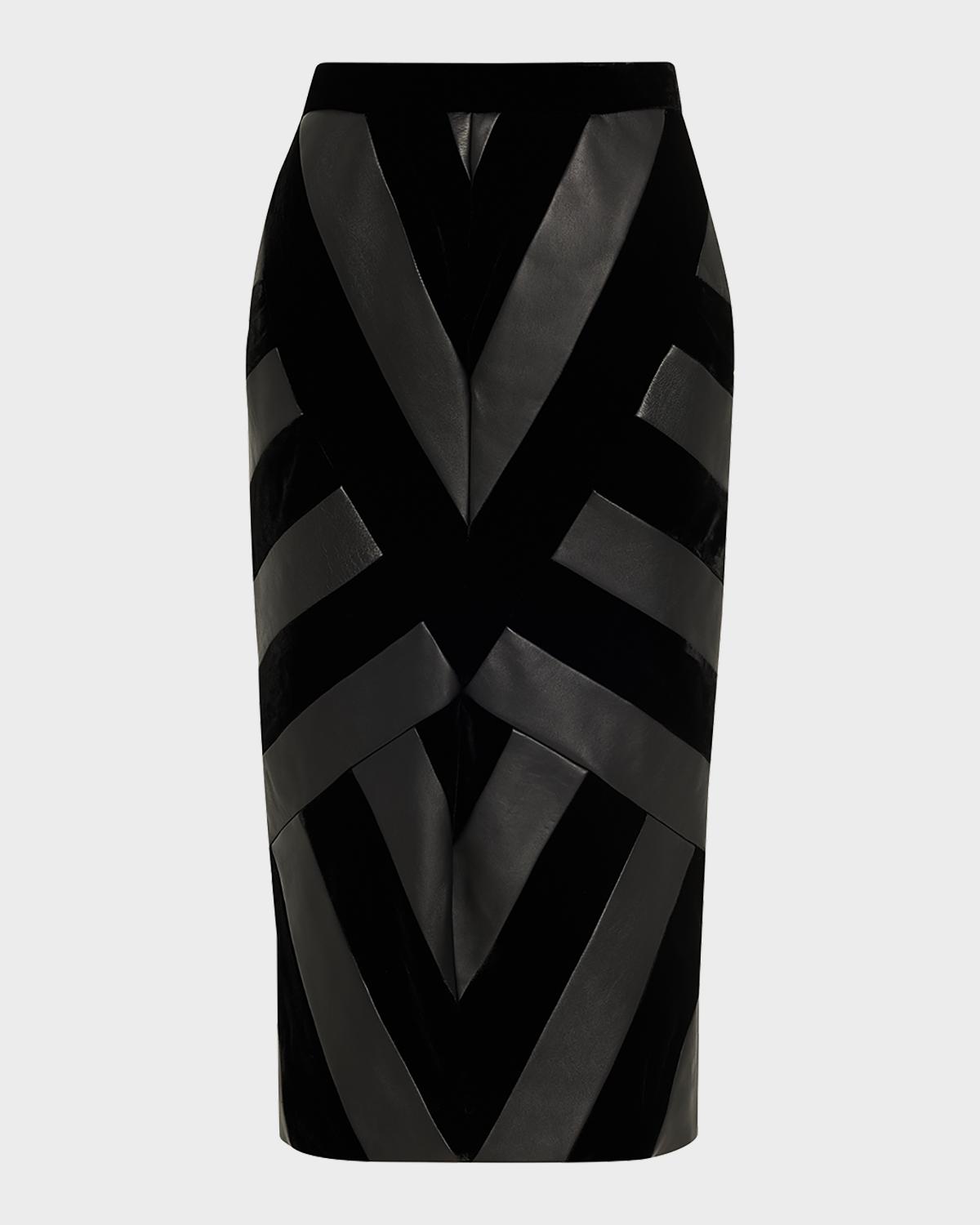 Sergio Hudson Chevron Paneled Leather Midi Pencil Skirt