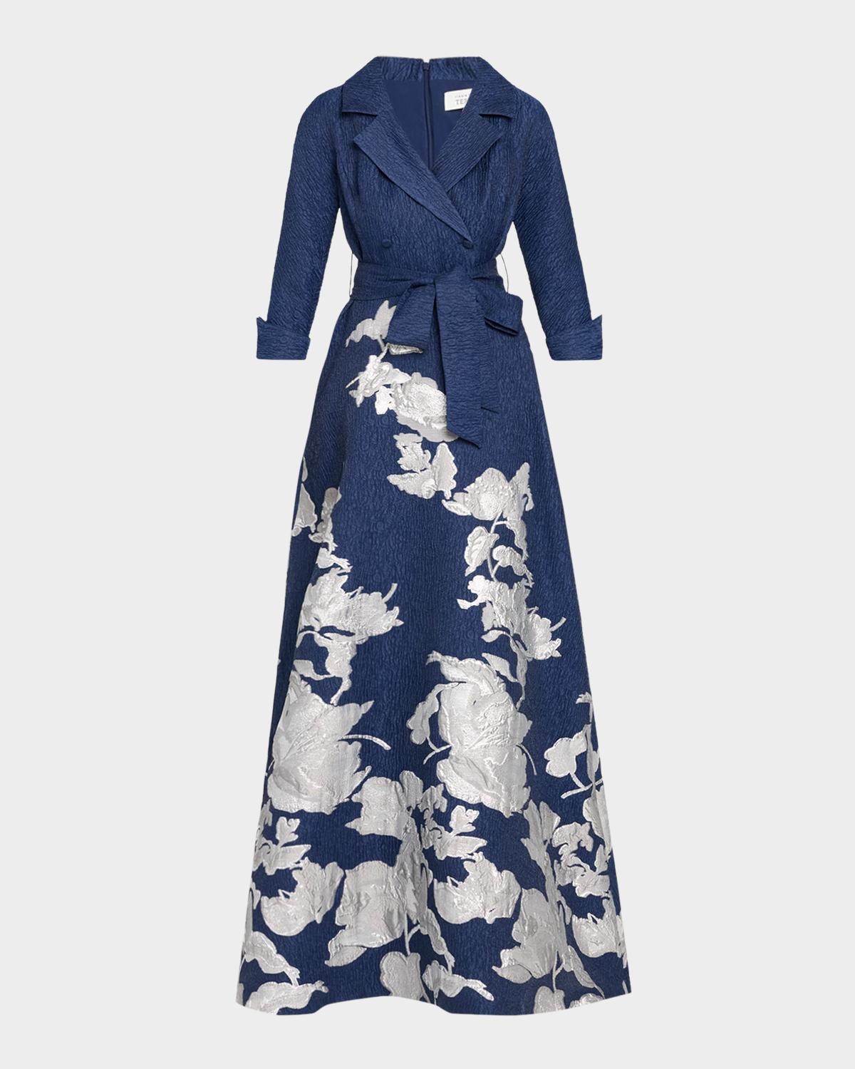 Rickie Freeman For Teri Jon Metallic Floral Jacquard Shirt Gown In Navy Silve