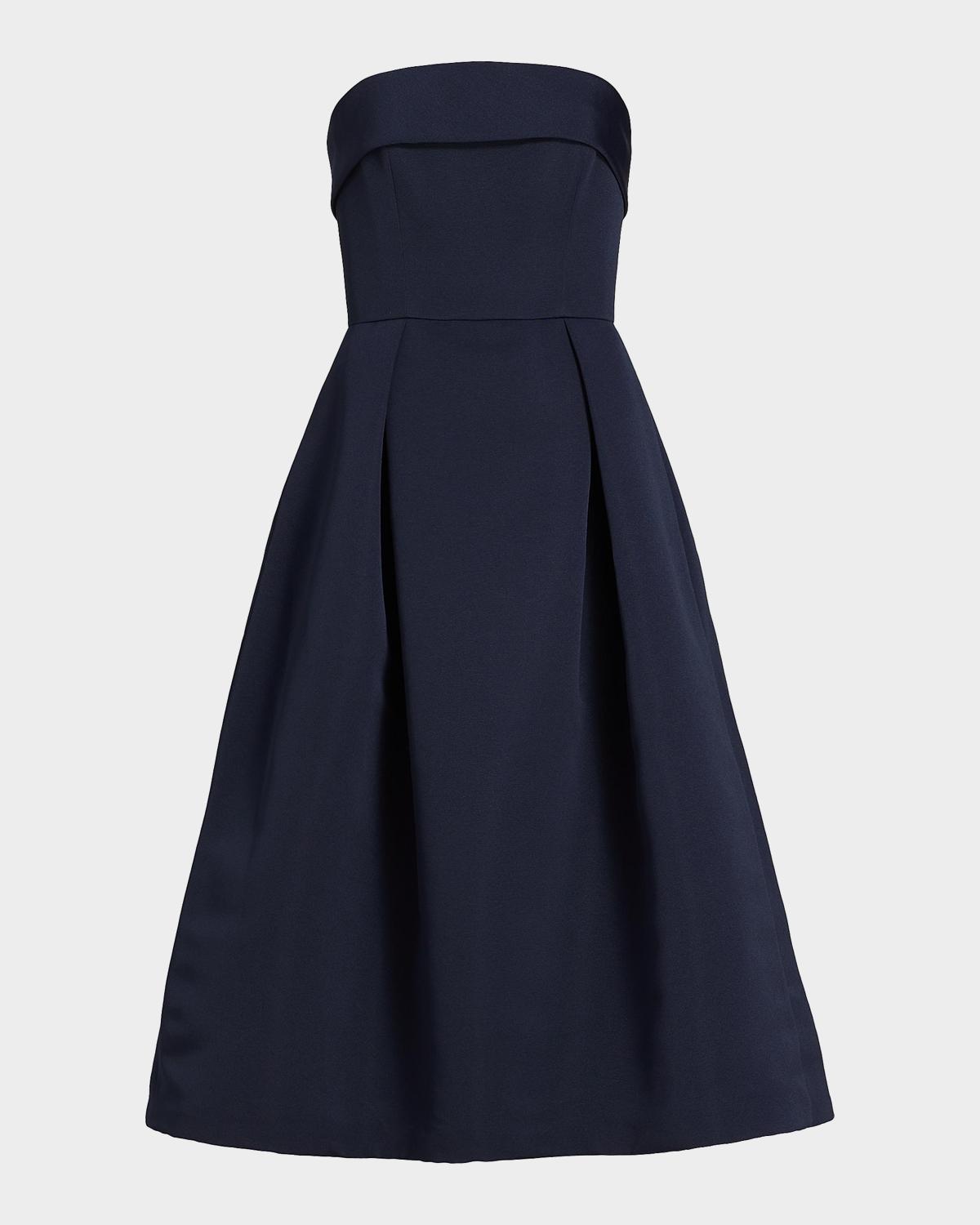 Amsale Foldover Strapless Faille Pleated Midi Dress