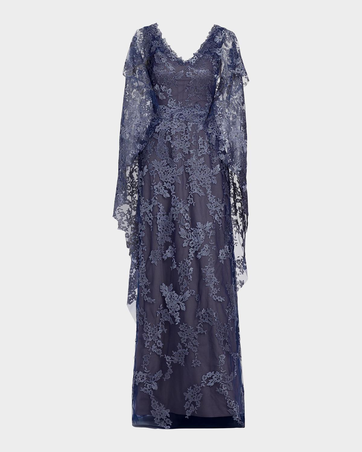Rene Ruiz Collection V-Neck Lace Cape Gown