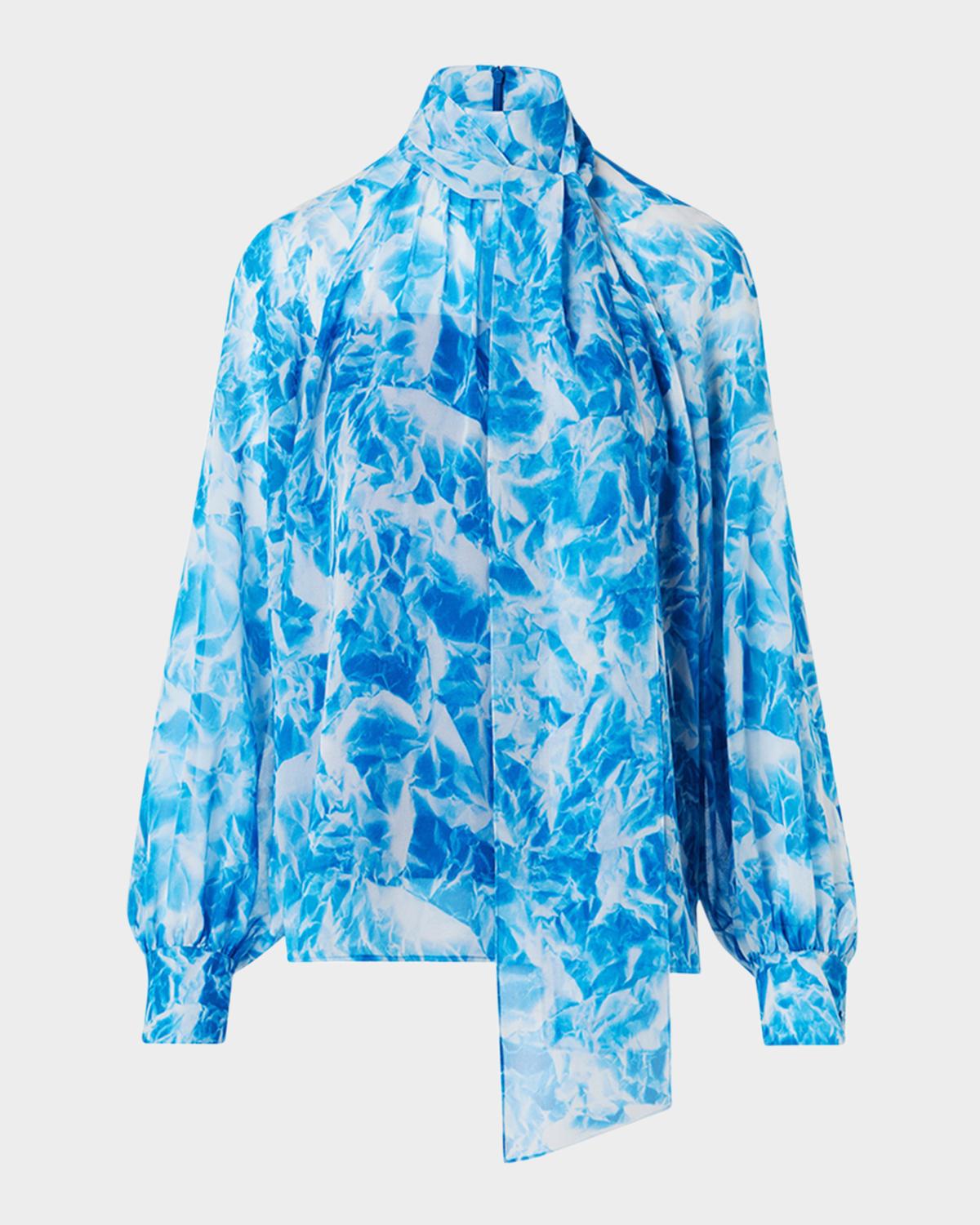 Akris Whitecaps Printed Tie-Neck Silk Blouse