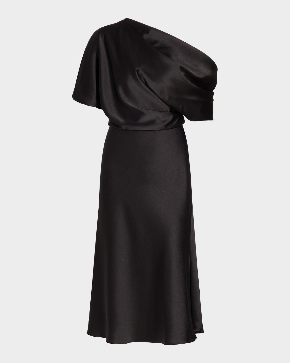 Amsale Draped Satin One-Shoulder Midi-Dress