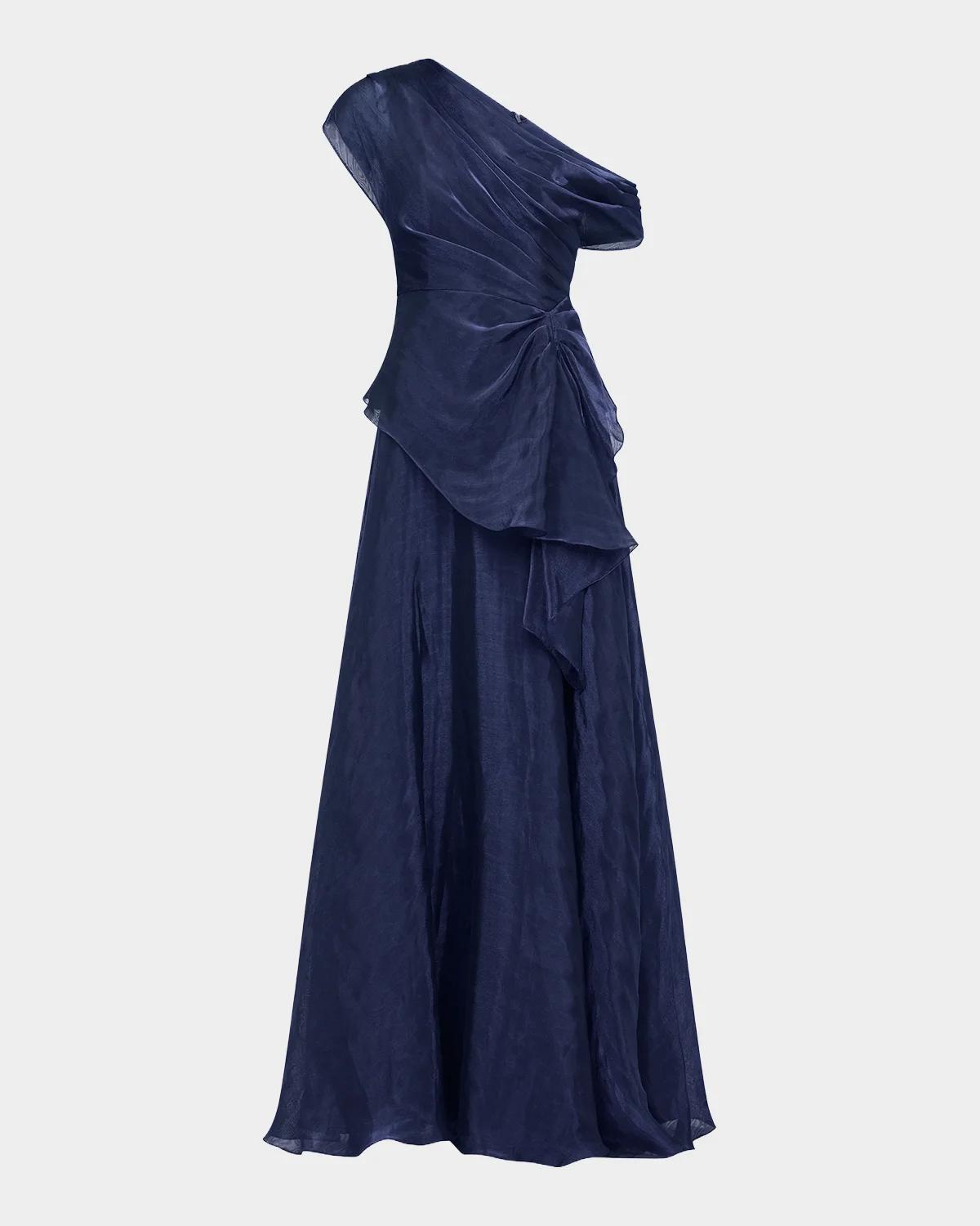 Theia Avalina Draped Organza Lame Peplum Gown