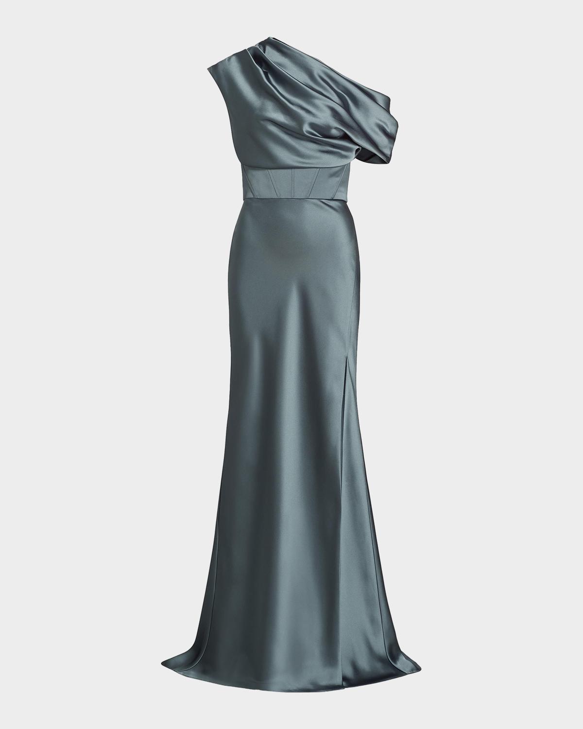Amsale Satin One-Shoulder Gown