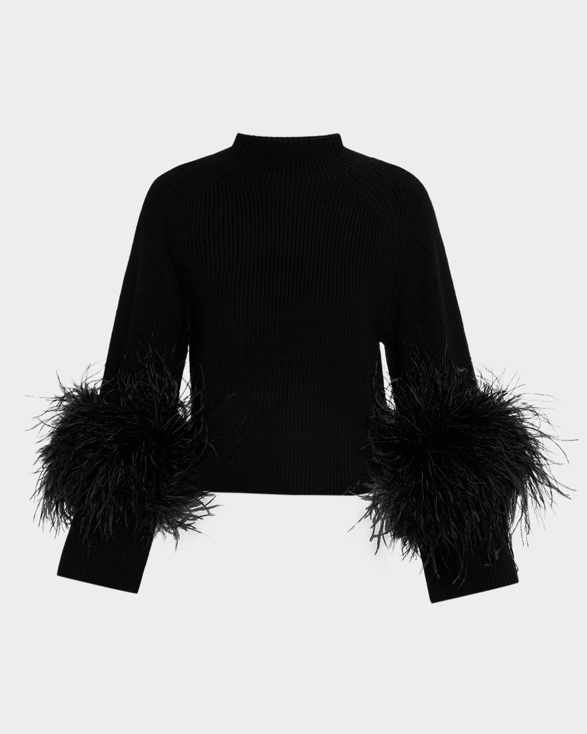 LAPOINTE Mock-Neck Merino Rib Sweater With Feathers