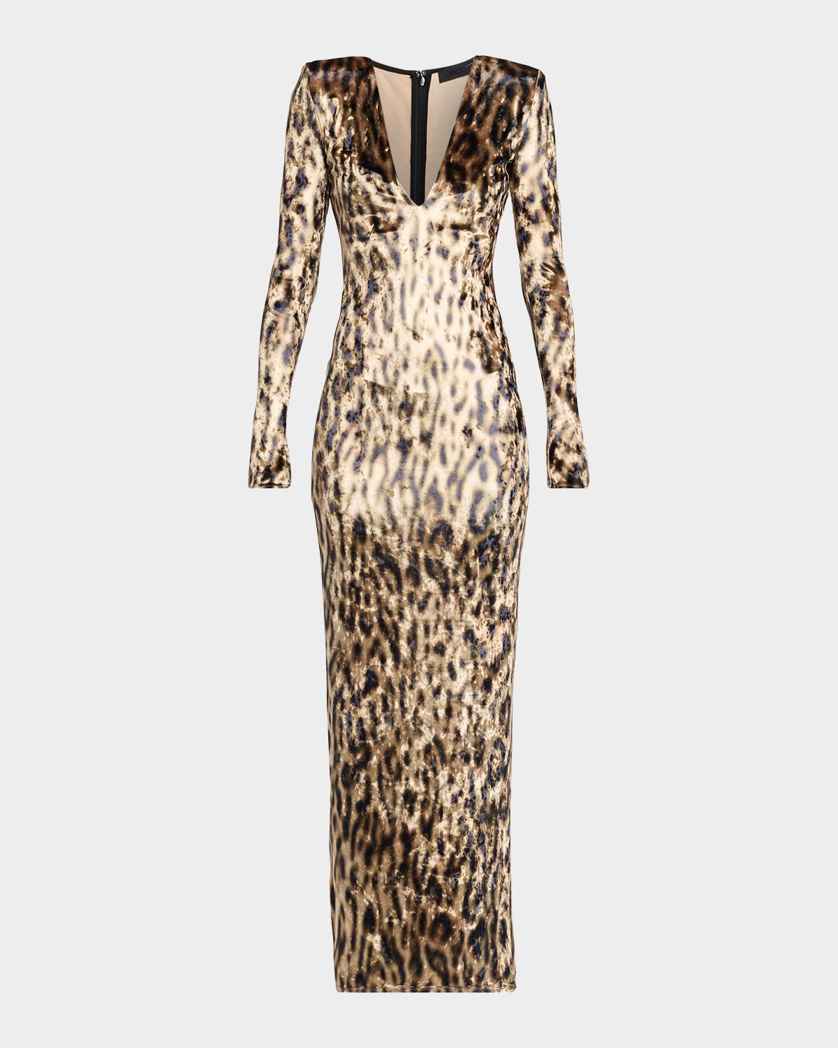 LAPOINTE Plunging Ocelot-Print Velvet Long-Sleeve Maxi Dress