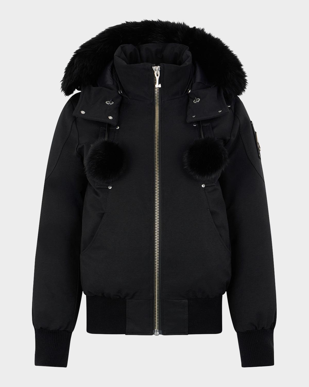 Moose Knuckles Debbie Bomber Jacket with Detachable Hood, Shearling Trim, & Pom Poms