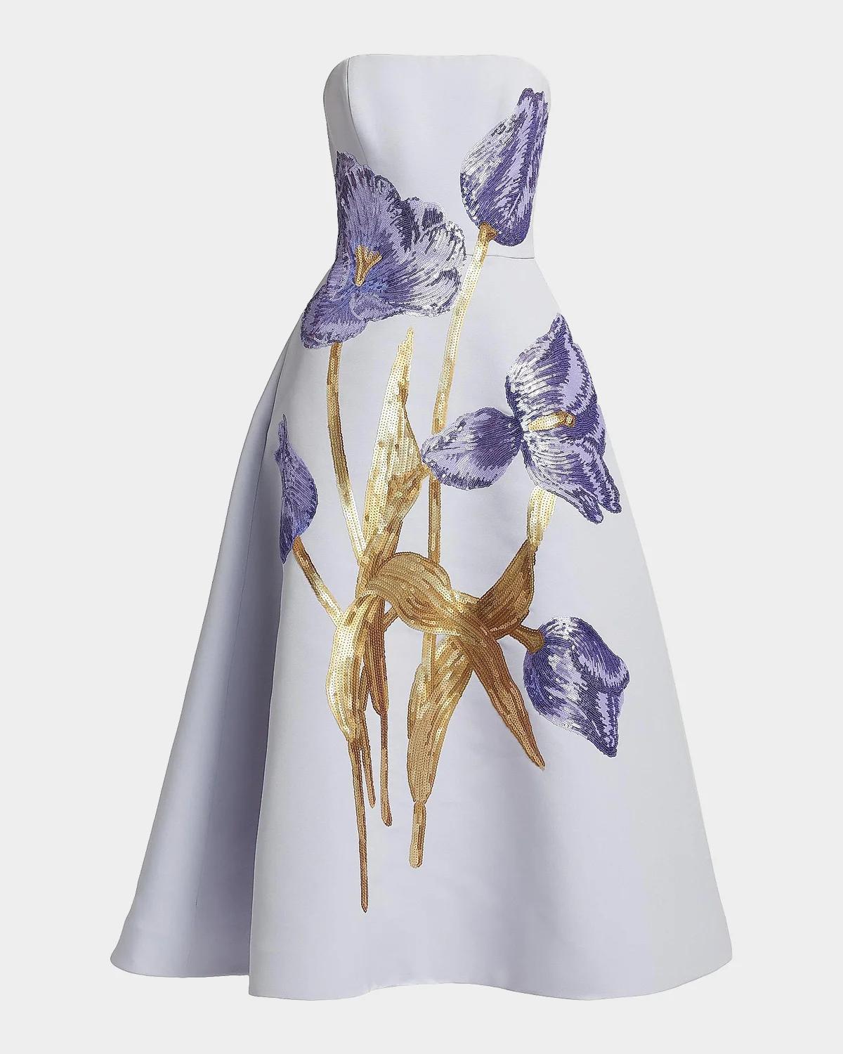 Amsale Floral Sequined Strapless Midi Cocktail Dress