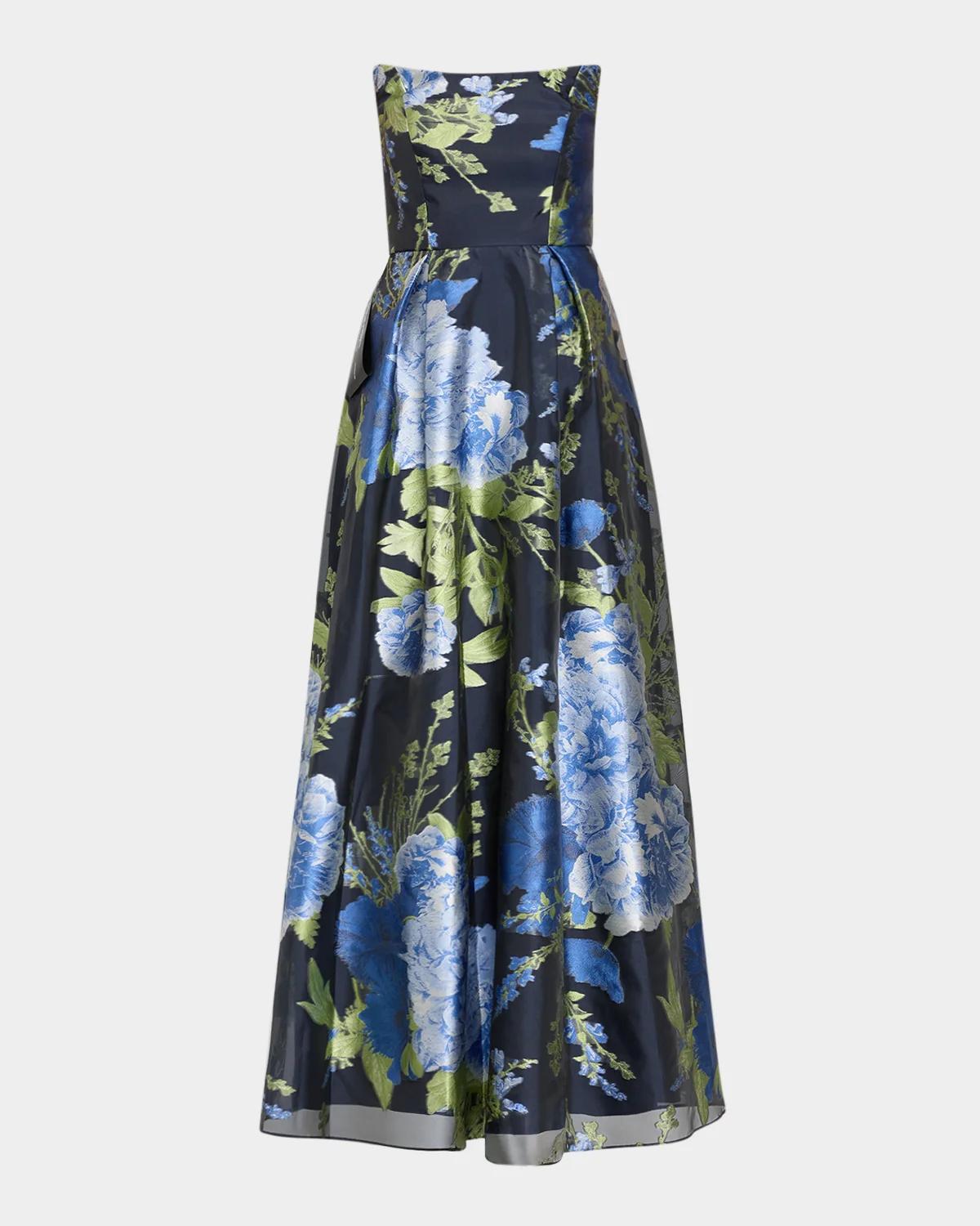 Kay Unger Willow Floral Metallic Organza Gown In Dark Twilight