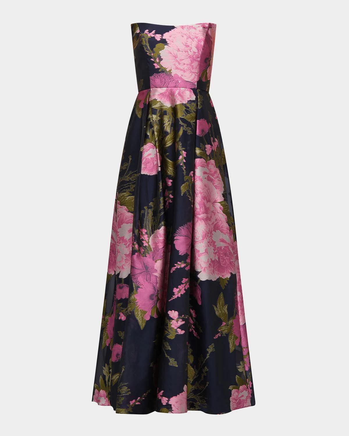 Kay Unger Willow Floral Metallic Organza Gown In Azalea Pink