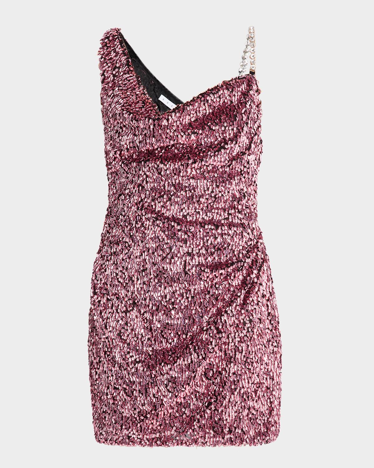 AREA Crystal Strap Sequined Mini Dress