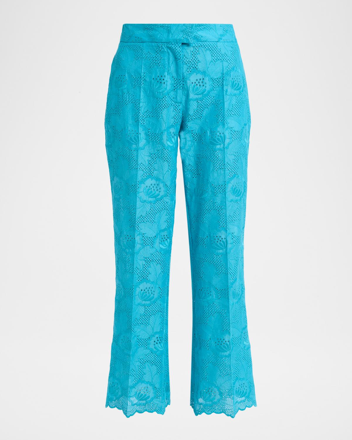 Floral Eyelet Embroidered Kickflare-Leg Ankle Pants