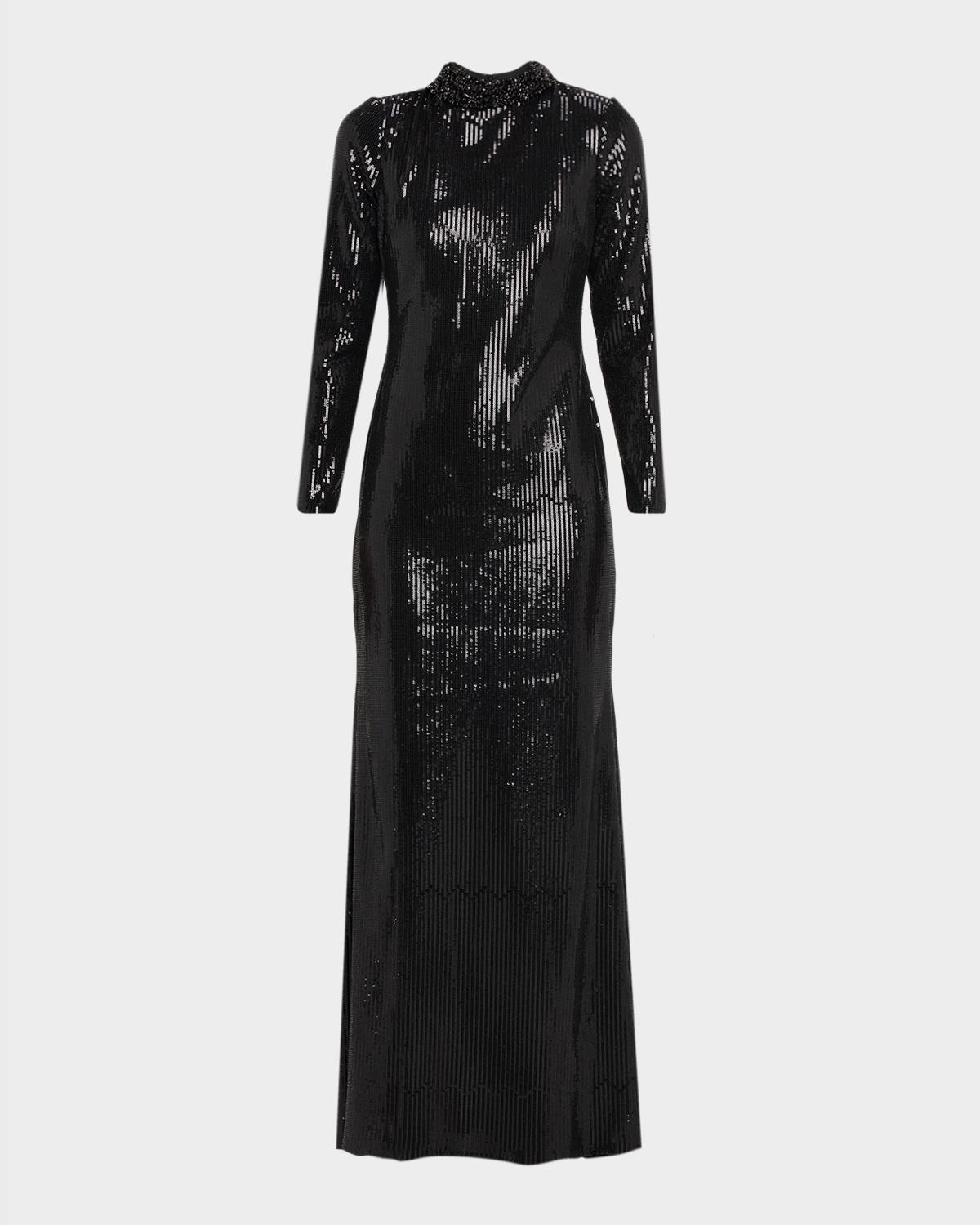 Badgley Mischka Beaded Mock-Neck Sequin Gown