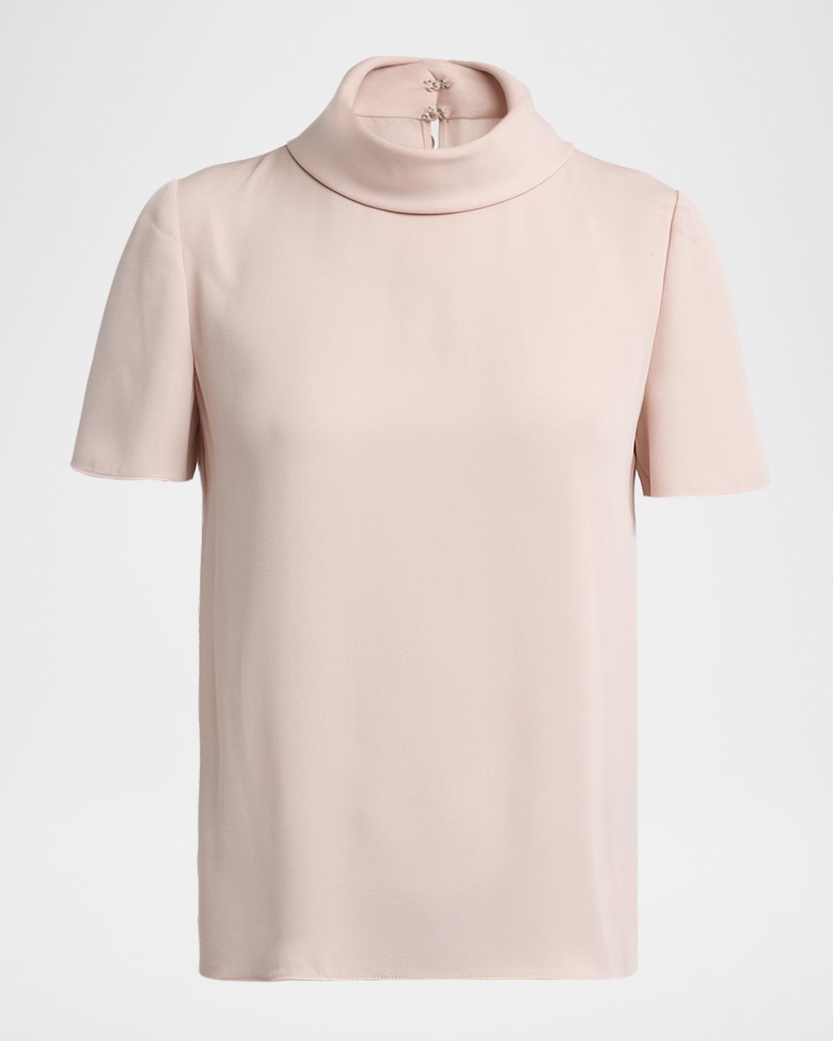 Mock-Neck Short-Sleeve Silk Top