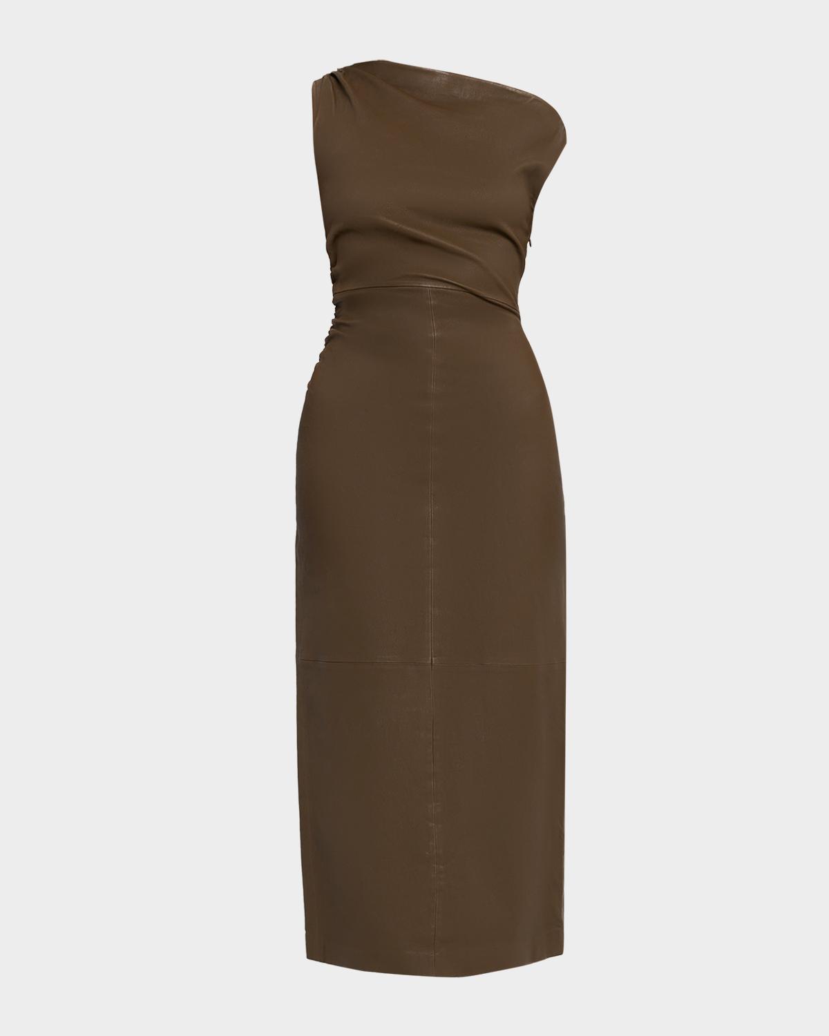 STAUD Phare Draped Leather Midi Dress