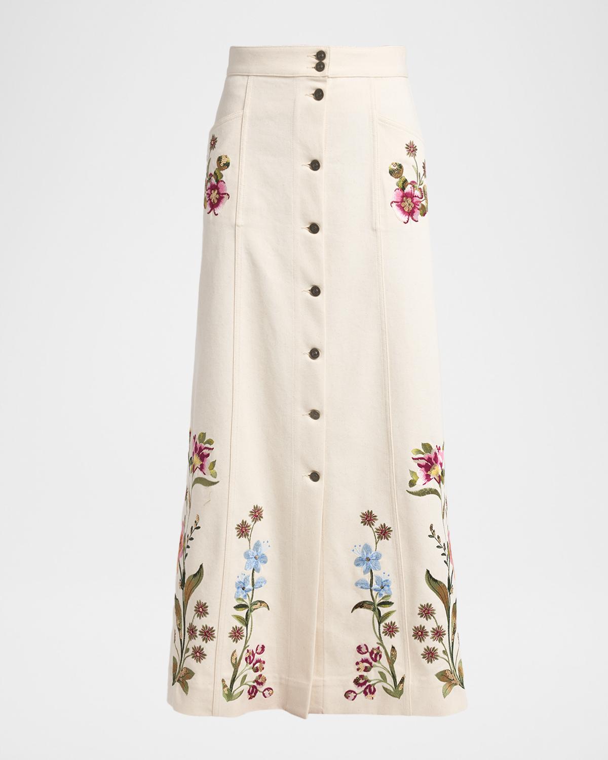 Floral Embroidered Denim Button-Front Maxi Skirt
