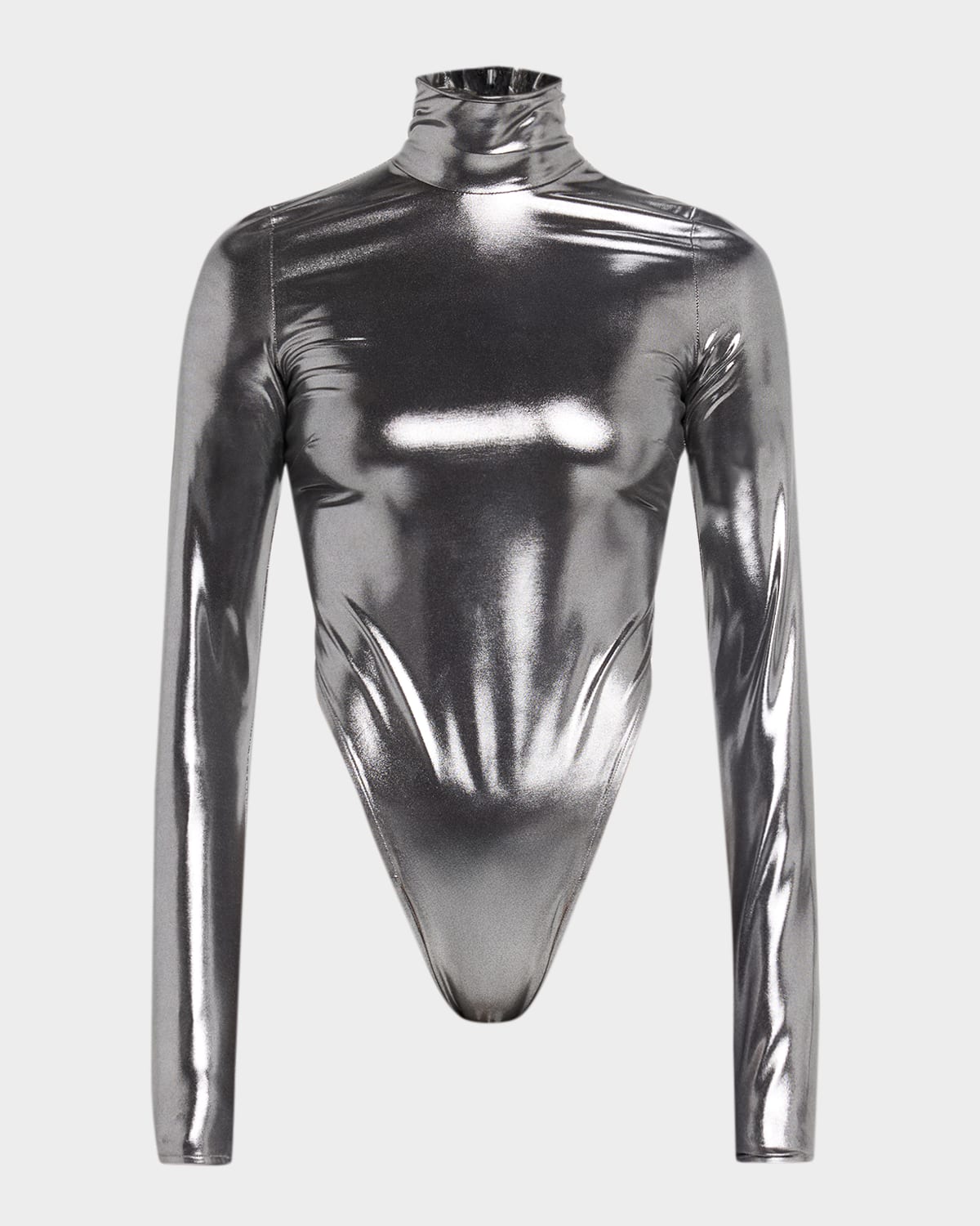 Mock-Neck Shiny Jersey Long-Sleeve Bodysuit
