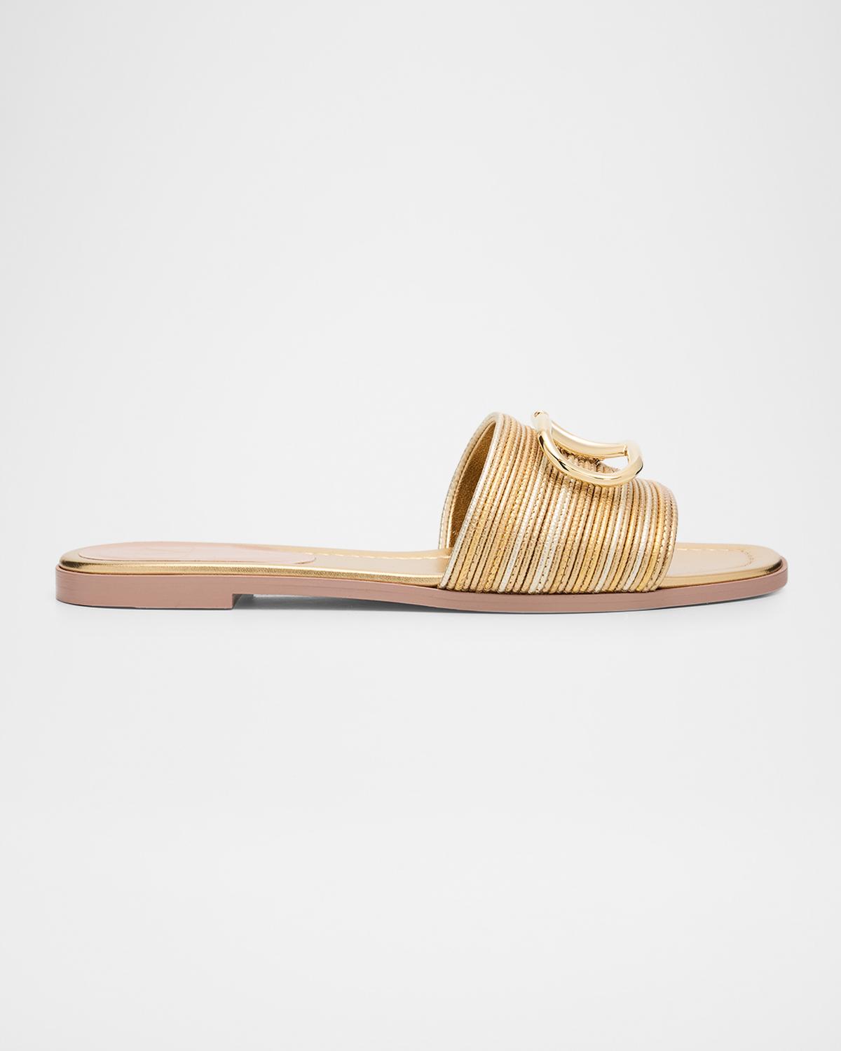 VLogo Metallic Corded Leather Flat Slide Sandals