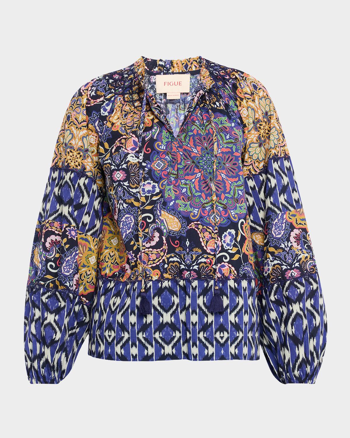 Figue Mae Multi-Print Long-Sleeve Peasant Top