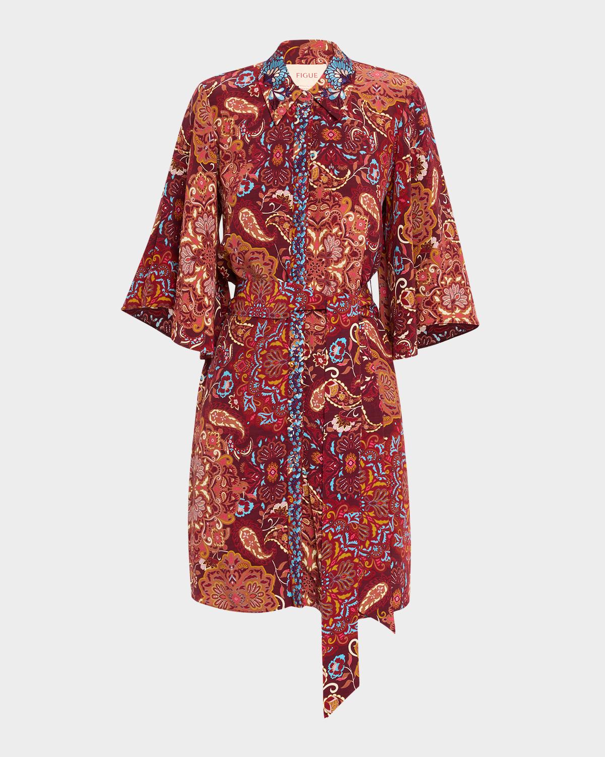 Figue Pamela Medallion-Print 3/4-Sleeve Mini Shirtdress